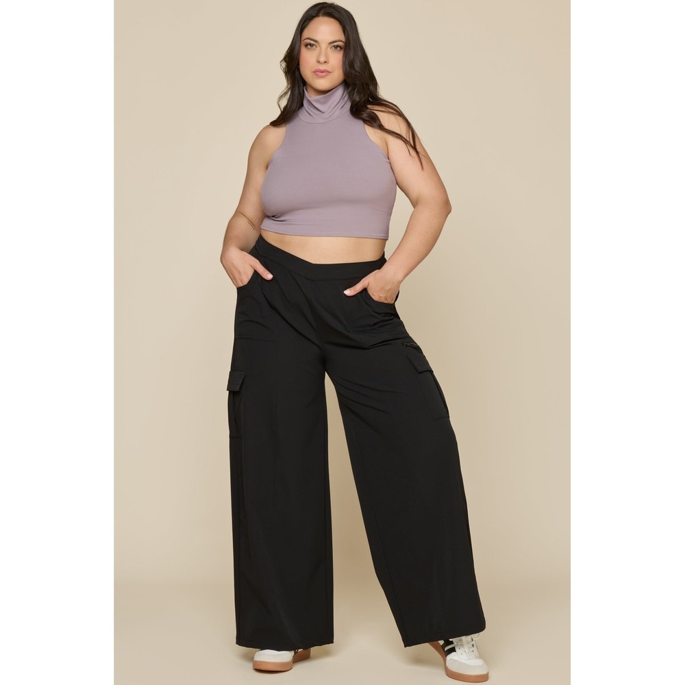POPFLEX Y2K Cargo Pant Womens 1X Black Regular Wide Leg High Rise Utility